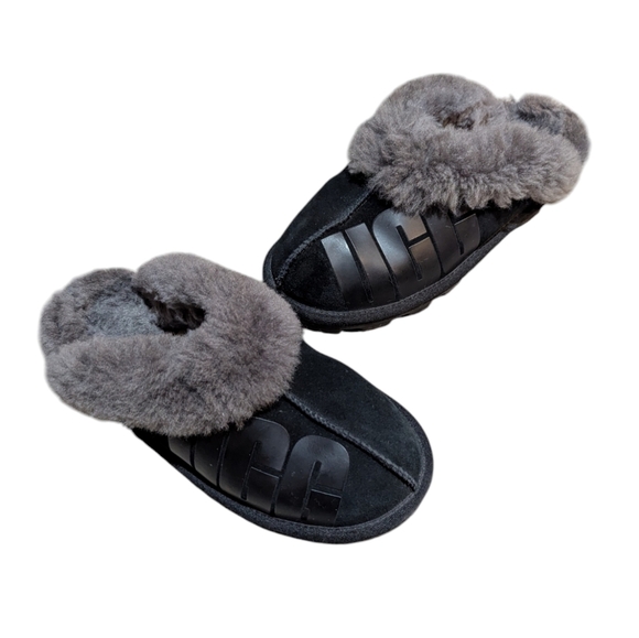 UGG Slipper Coquette Black Slip On Shoe Grey Shearling Sheepskin Hygge Comfy 7 - Picture 1 of 8